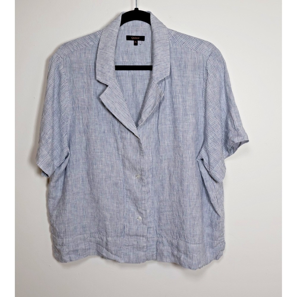 Quince Women Cropped Linen Camp Shirt XL Blue White Stripe Button Up Boxy